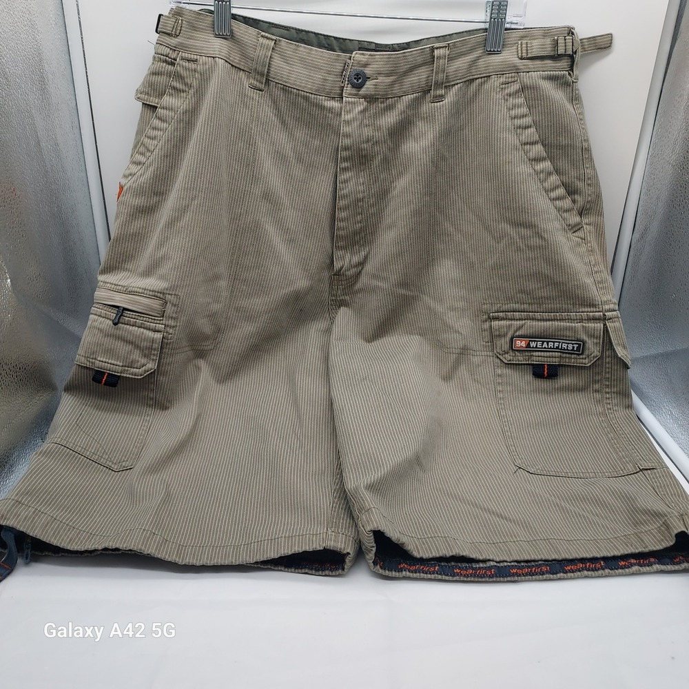 Wearfirst Mens Cargo Shorts Size 36 Khaki Pinstripe Cotton Multi Pocket Utility